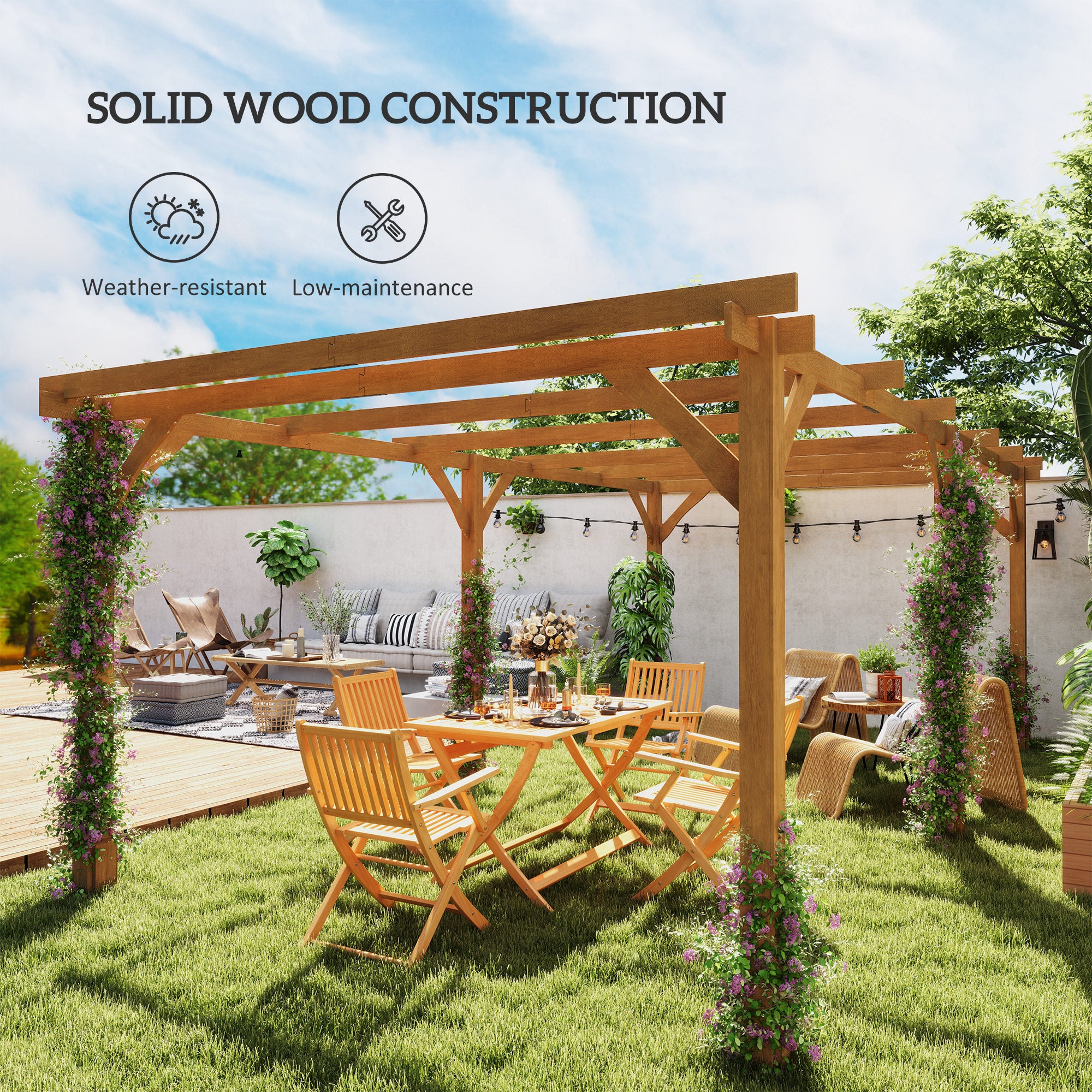 10' x 13' Wood Pergola, Outdoor Gazebo Grape Trellis with Stable Structure for Climbing Plant Support, Dark Brown