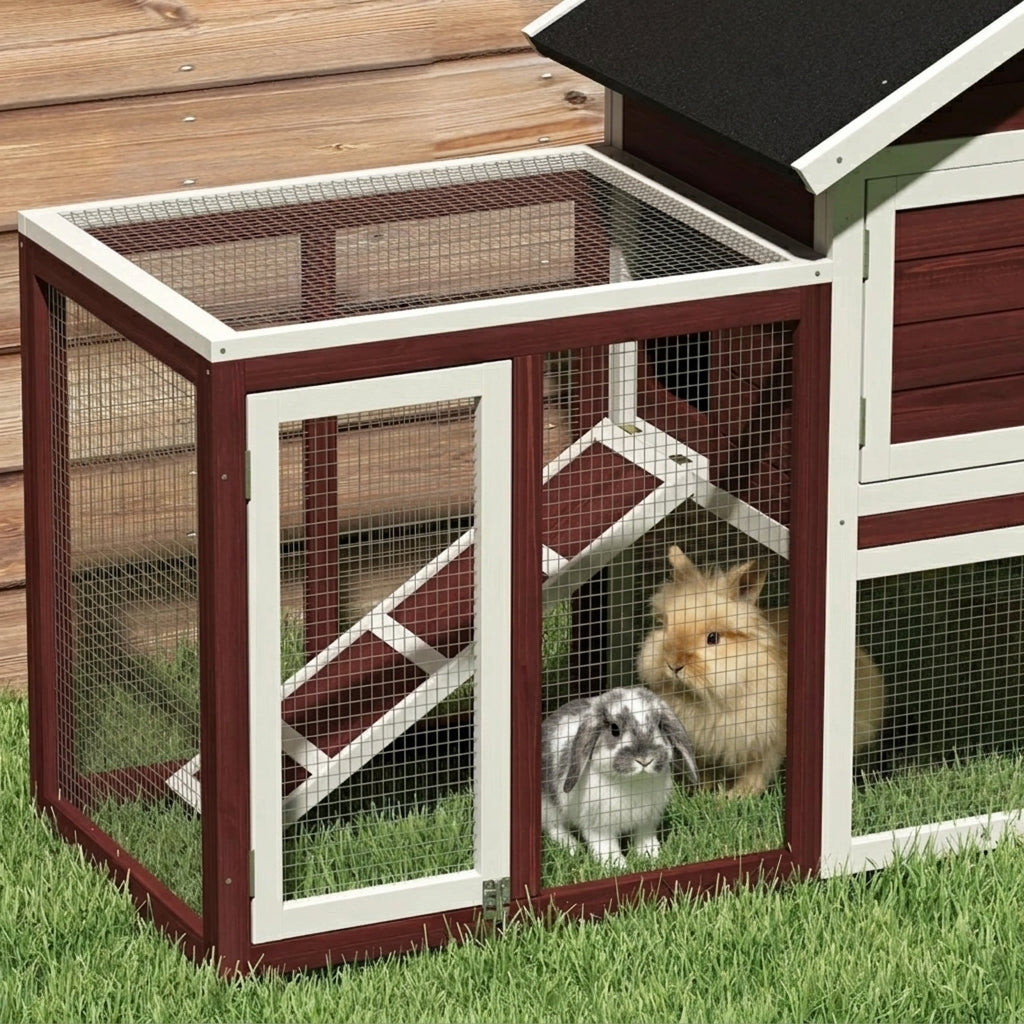 49" Wooden Rabbit Hutch Bunny Cage with Waterproof Asphalt Roof, Fun Outdoor Run, Removable Tray and Ramp, for Rabbits, Chickens, Ducks, Brown