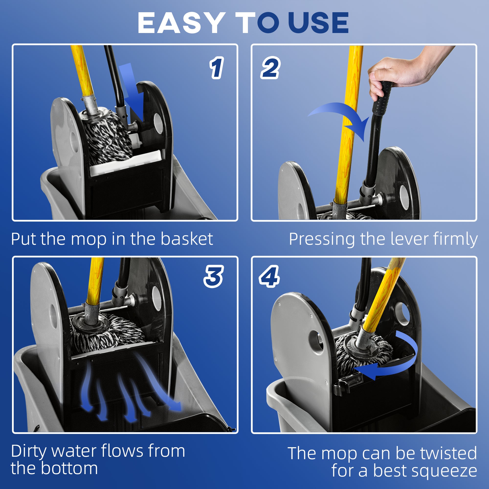 9.5 Gallon (38 Quart) Mop Bucket with Wringer Cleaning Cart, 4 Moving Wheels, Mop-Handle Holder & 2 Separate Buckets, Gray