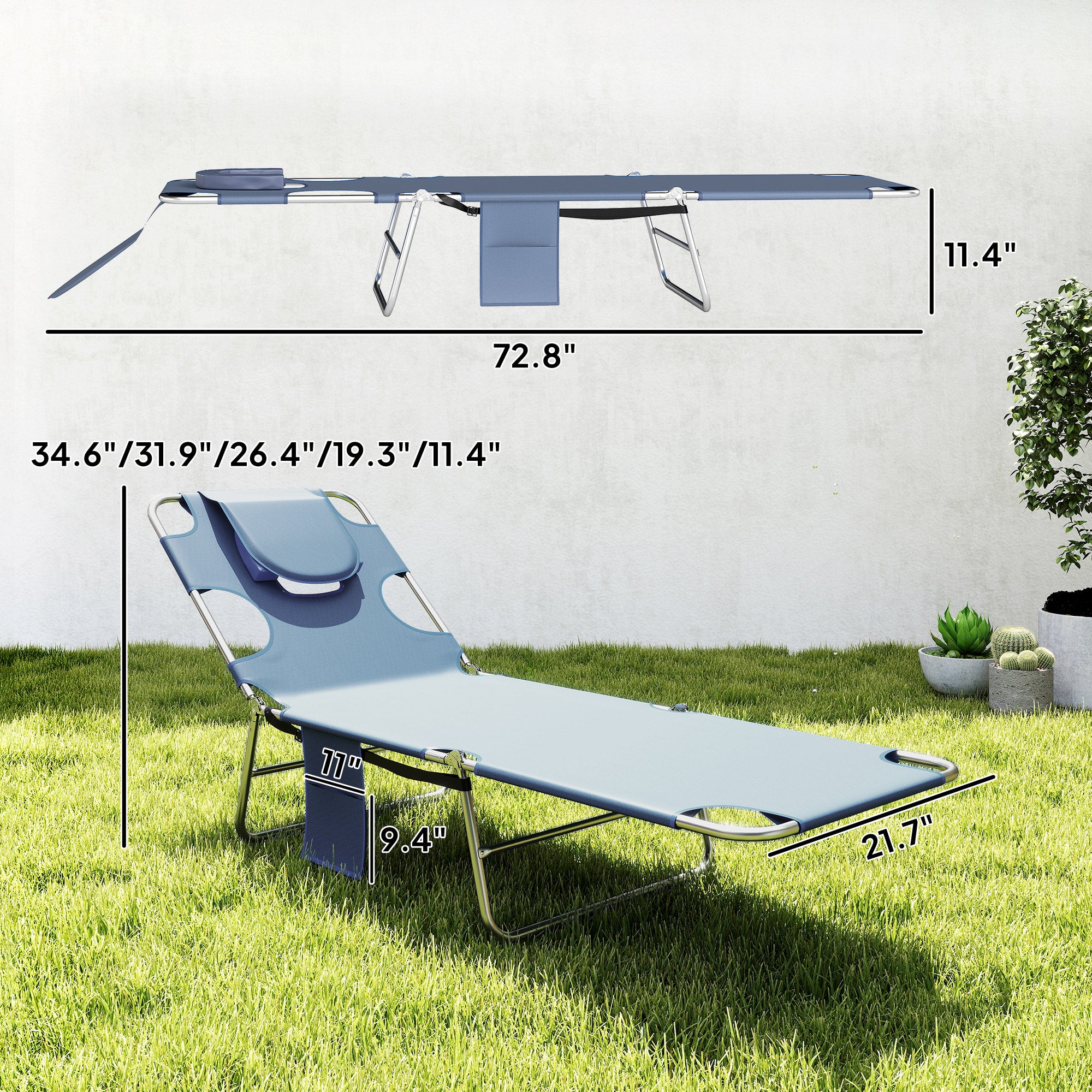 2 Tanning Chairs with Face Hole, 5-Level Adjustable Outdoor Chaise Lounge Chair with Pillow for Beach, Pool, Gray