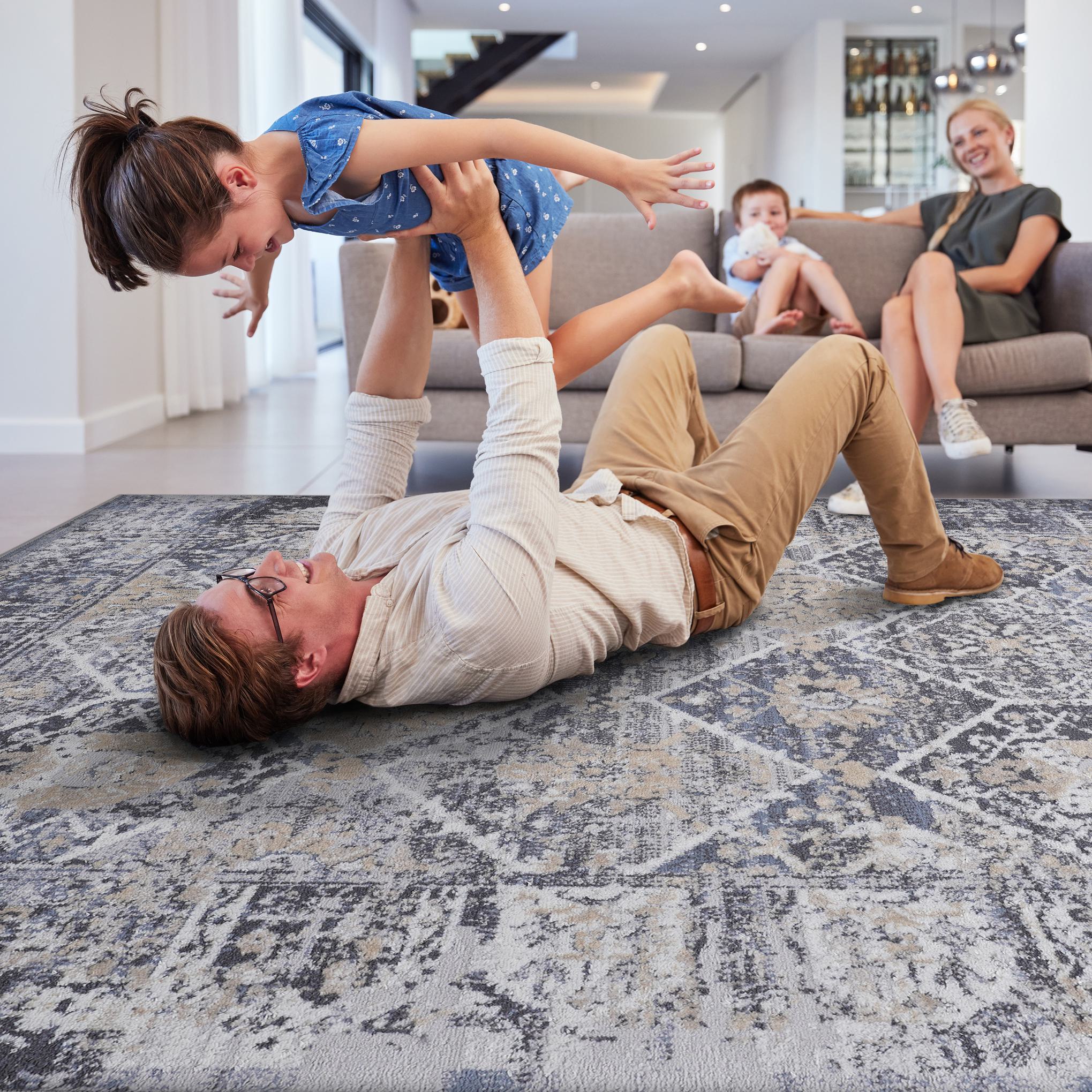 Naar 8x10 Traditional Stain-Resistant Area Rug with Cotton Backing, Medium Pile, Kid and Pet-Friendly Carpet, 120" L x 93" W x 0.3" H, Gray+Blue