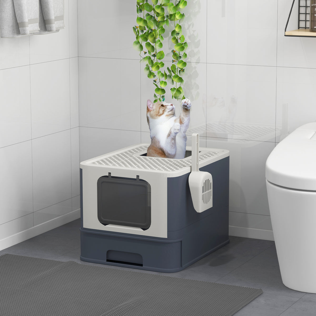 Cat Litter Box with Lid, Scoop, Front Entry, and Top Exit for Large Cats, White