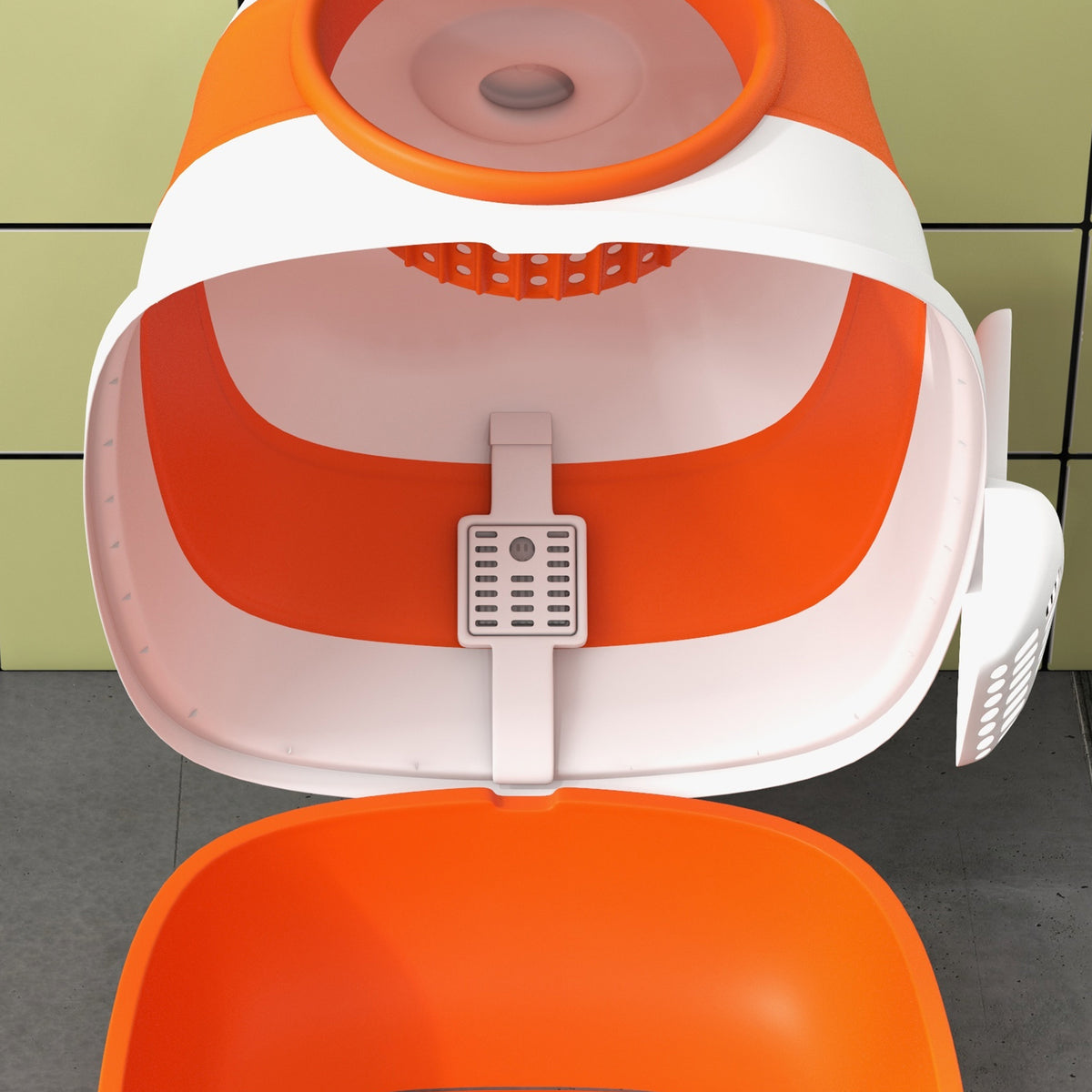 Dome Covered Cat Litter Box with Lid, White and Orange