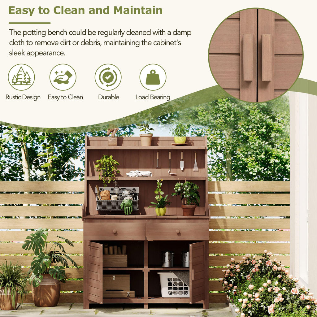 Garden Potting Bench Table with Cabinet, Drawer & Shelf, Fir Wood Outdoor Workstation for Garden & Patio, 47'' L x 23'' W x 65'' H, Brown