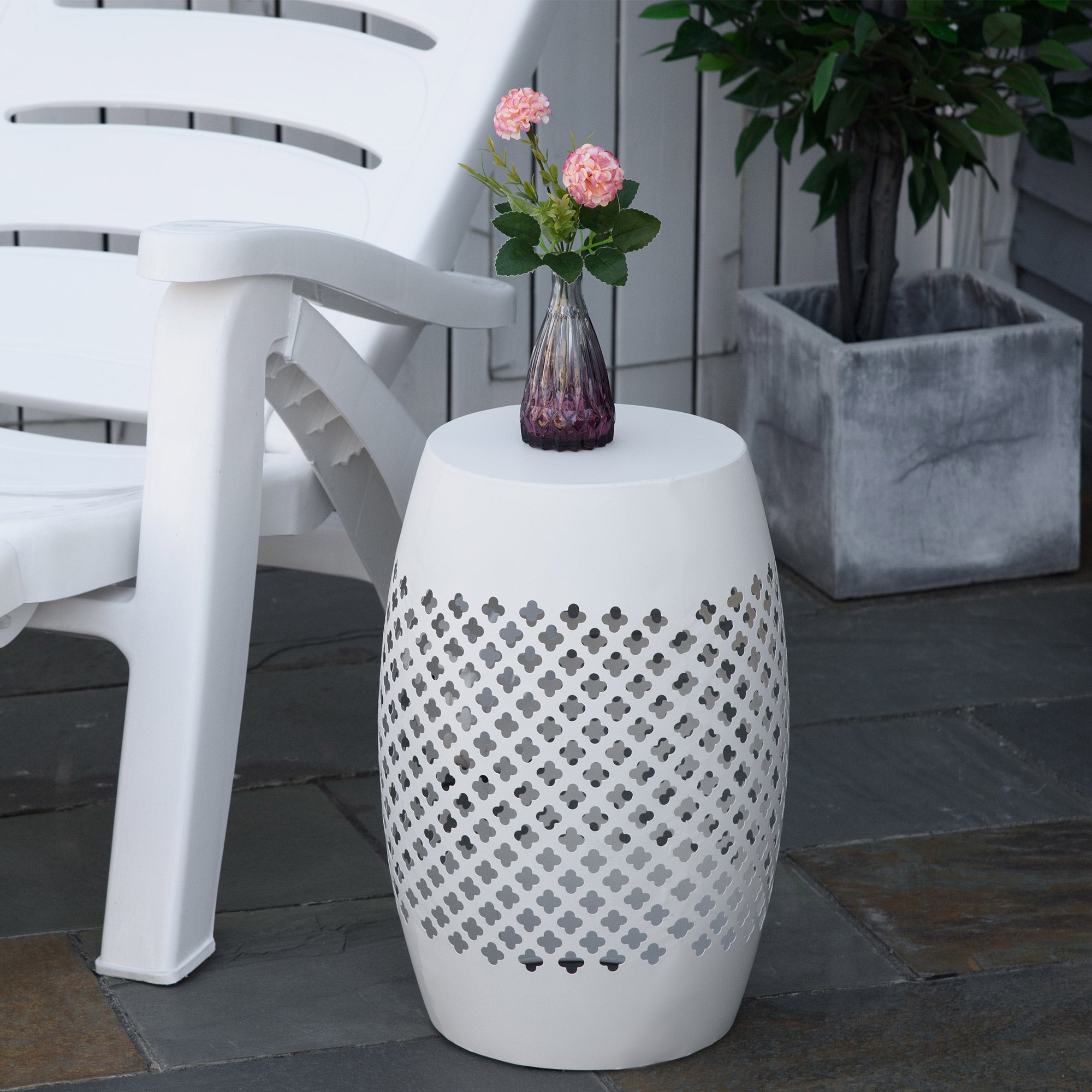 12" Steel Outdoor Side Table, Round Hollow Drum Patio End Table, Accent Table for Indoor and Outdoorr, White