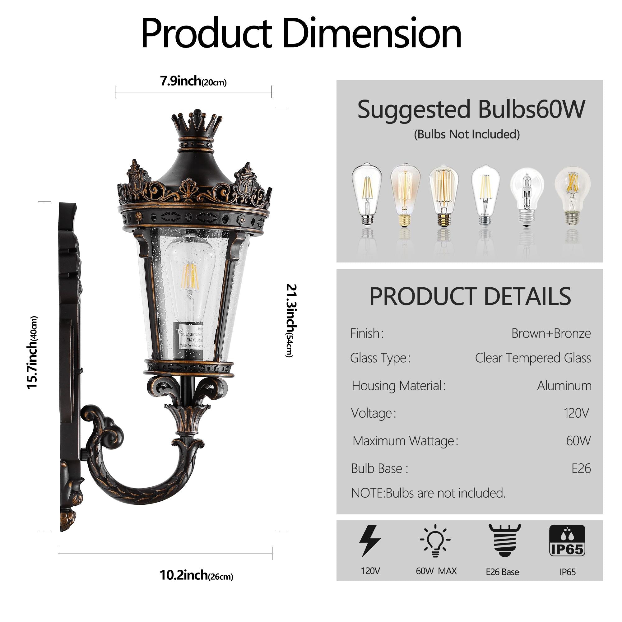 21" Vintage Outdoor Wall Lantern with Crown Top, Waterproof Exterior Sconce, Easy Installation, 10" L x 8" W x 21" H, Coffee+Golden