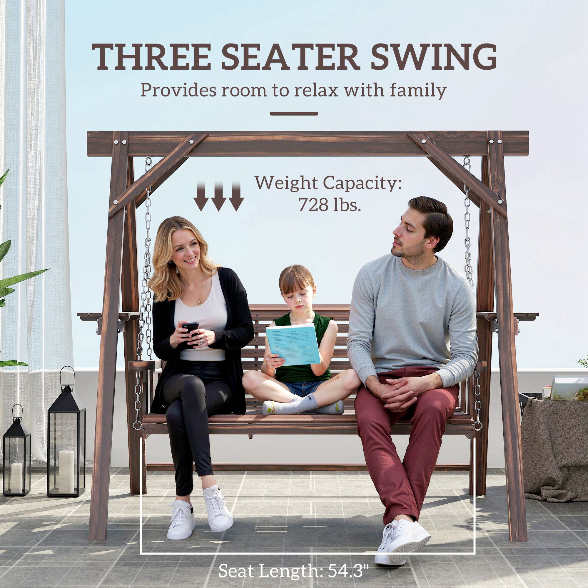 3 Seat Wooden Porch Swing with Stand, Patio Swing with Side Tables, for Garden, Poolside, Backyard, Carbonized Brown