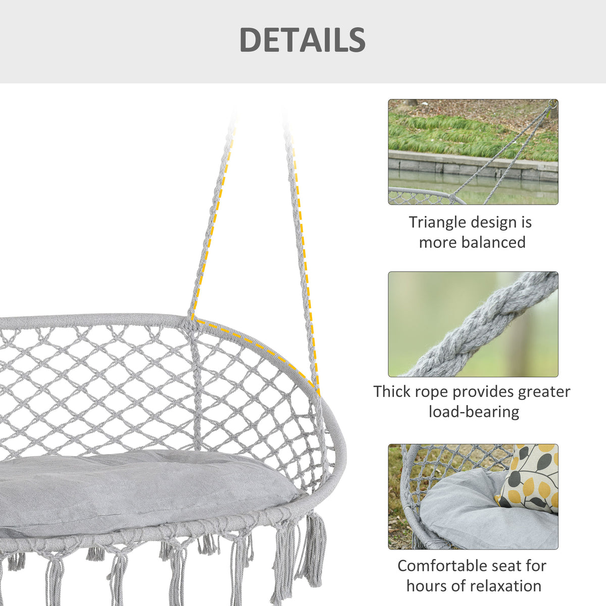 2-Person Hammock Chair Macrame Swing with Soft Cushion, Hanging Cotton Rope Chair for Indoor Outdoor Home Patio Backyard, Light Gray