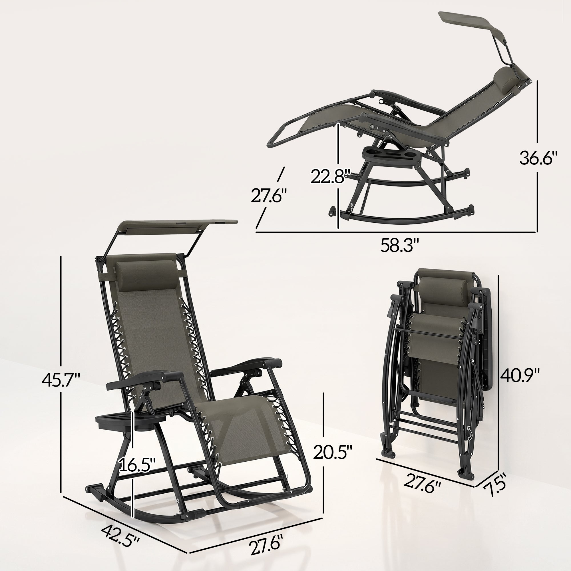 Outdoor Rocking Chairs, Foldable Reclining Zero Gravity Lounge Rocker with Pillow, Cup & Phone Holder, Combo Design with Folding Legs, Gray