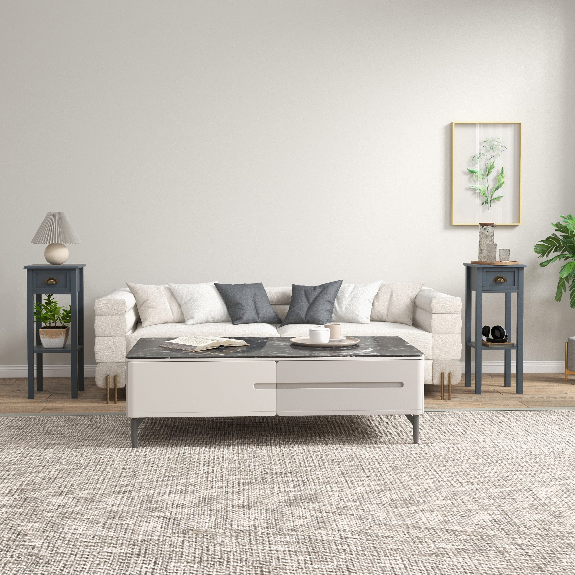 2-Tier Side Tables Set of 2 with Drawer and Shelf, 2 Pieces End Tables for Living Room and Hallway, Gray