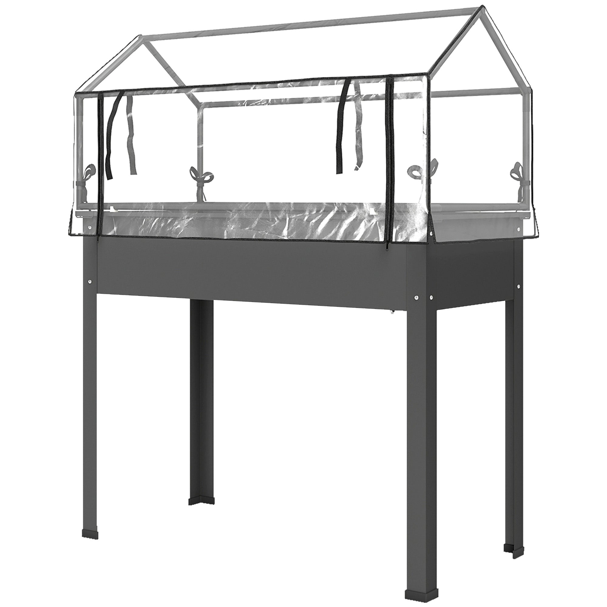 Elevated Garden Box with Greenhouse Cover, Raised Garden Bed with Legs and Drainage Hole for Vegetables, Dark Gray