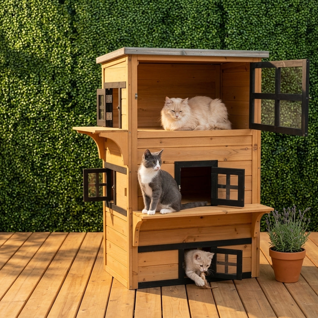 Outdoor Cat House, 3-Tier Kitty Shelter with 5 Escape Doors, Weather Resistant, Yellow & Black