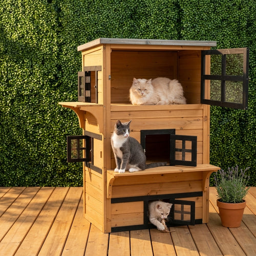 Outdoor Cat House, 3-Tier Kitty Shelter with 5 Escape Doors, Weather Resistant, Yellow & Black