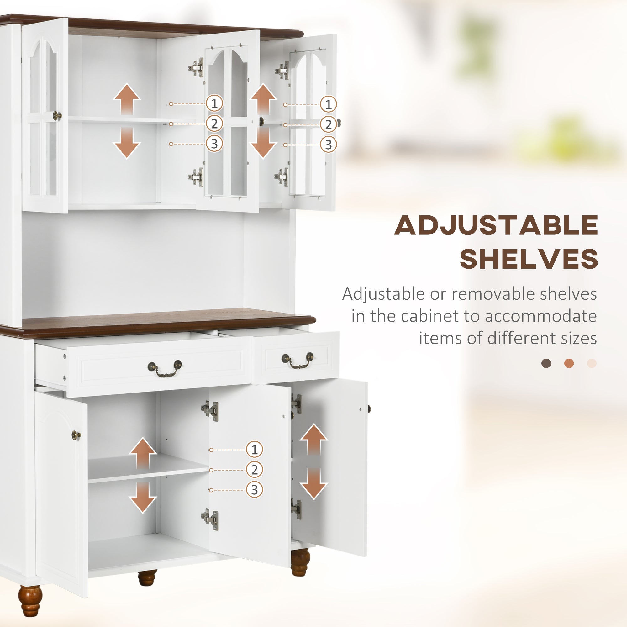 Kitchen Buffet with Hutch, Freestanding Pantry Cabinet with 6 Doors, 2 Drawers and 3-Level Adjustable Shelves, White