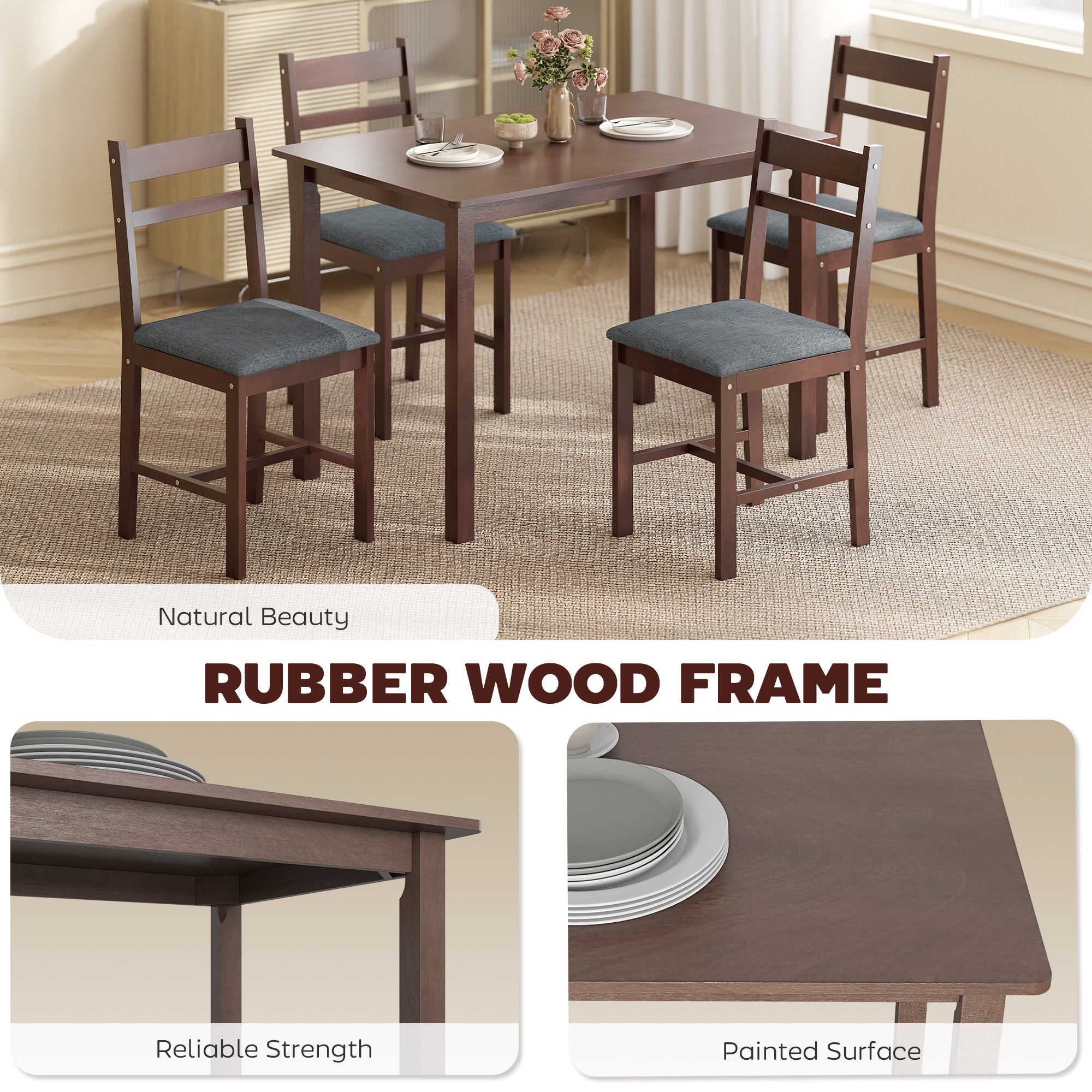 5-Piece Solid Wood Dining Table Set for 4, Farmhouse Kitchen Table with Upholstered Chairs for Dining Room, Walnut