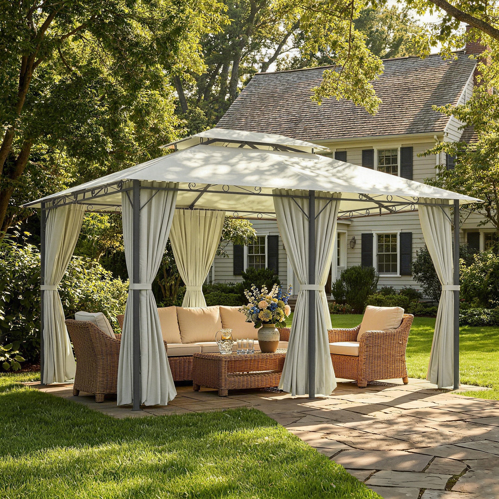 10' x 13' Patio Gazebo, Outdoor Gazebo Canopy Shelter with Curtains, Vented Roof, Steel Frame for Garden, Lawn, Backyard and Deck, Cream White