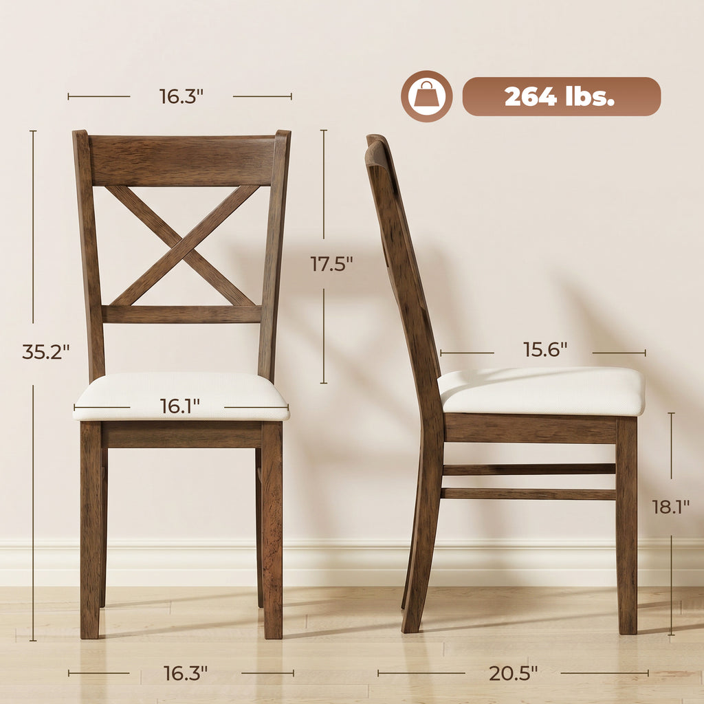 Dining Chairs Set of 2, Upholstered Kitchen Chairs with Rubberwood Frame, Padded Seat and X-Back, Walnut
