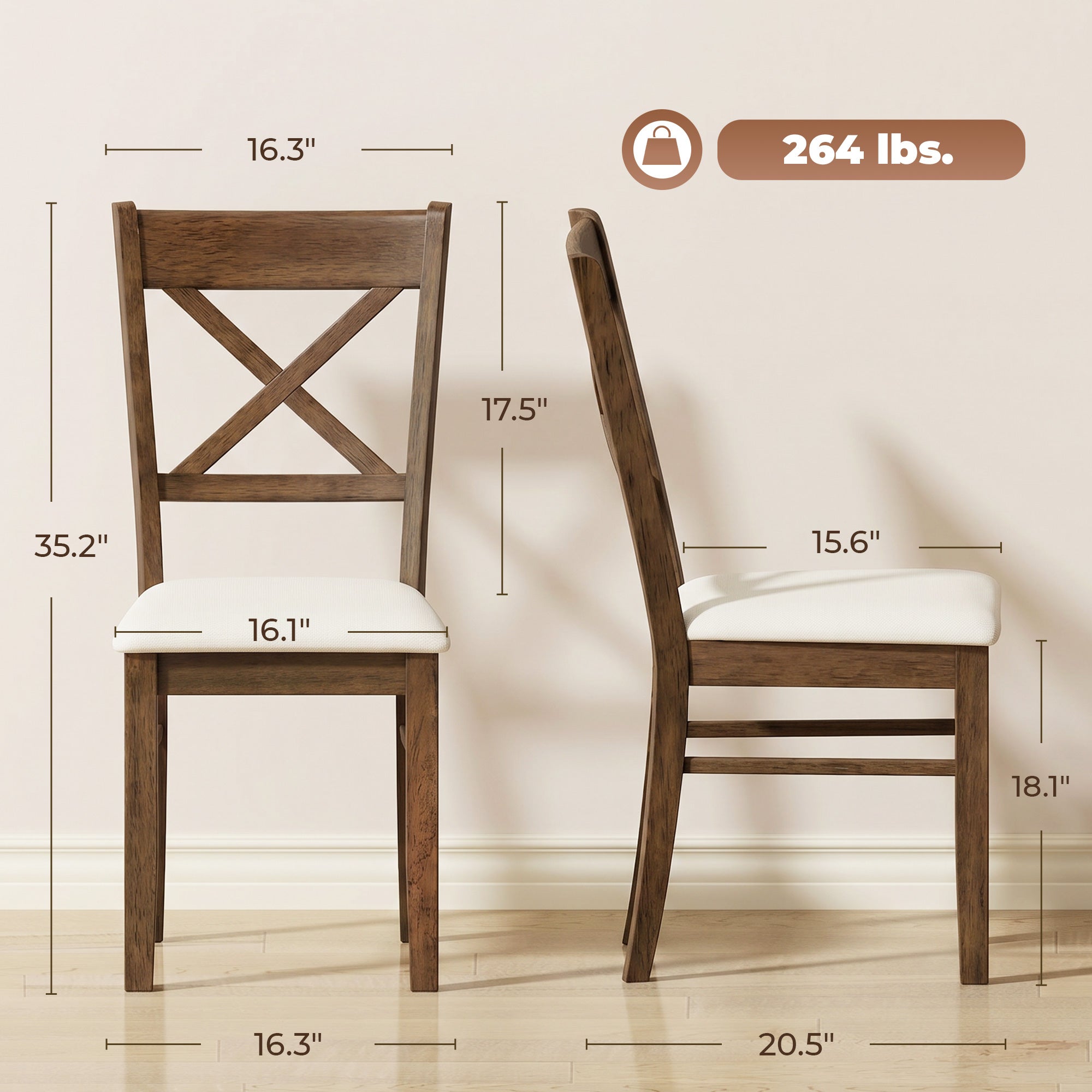 Dining Chairs Set of 2, Upholstered Kitchen Chairs with Rubberwood Frame, Padded Seat and X-Back, Walnut