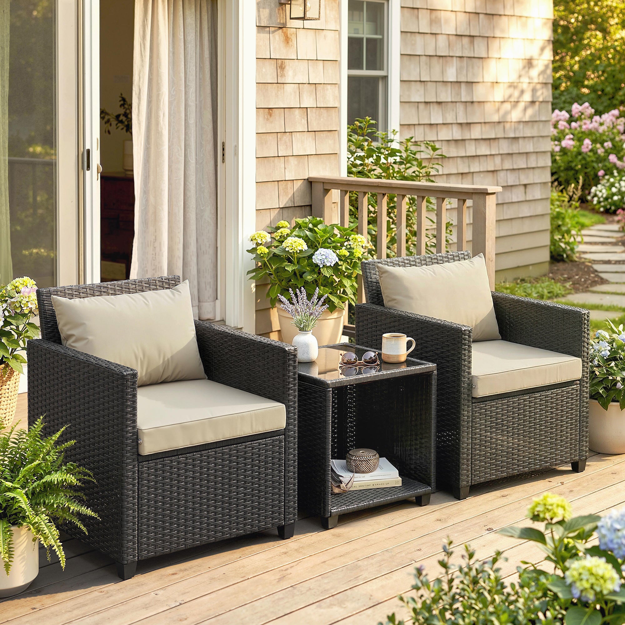 3 Piece Patio Bistro Set, Wicker Furniture Set with Thick Cushions, Glass Coffee Table and Chairs for Garden, Beige