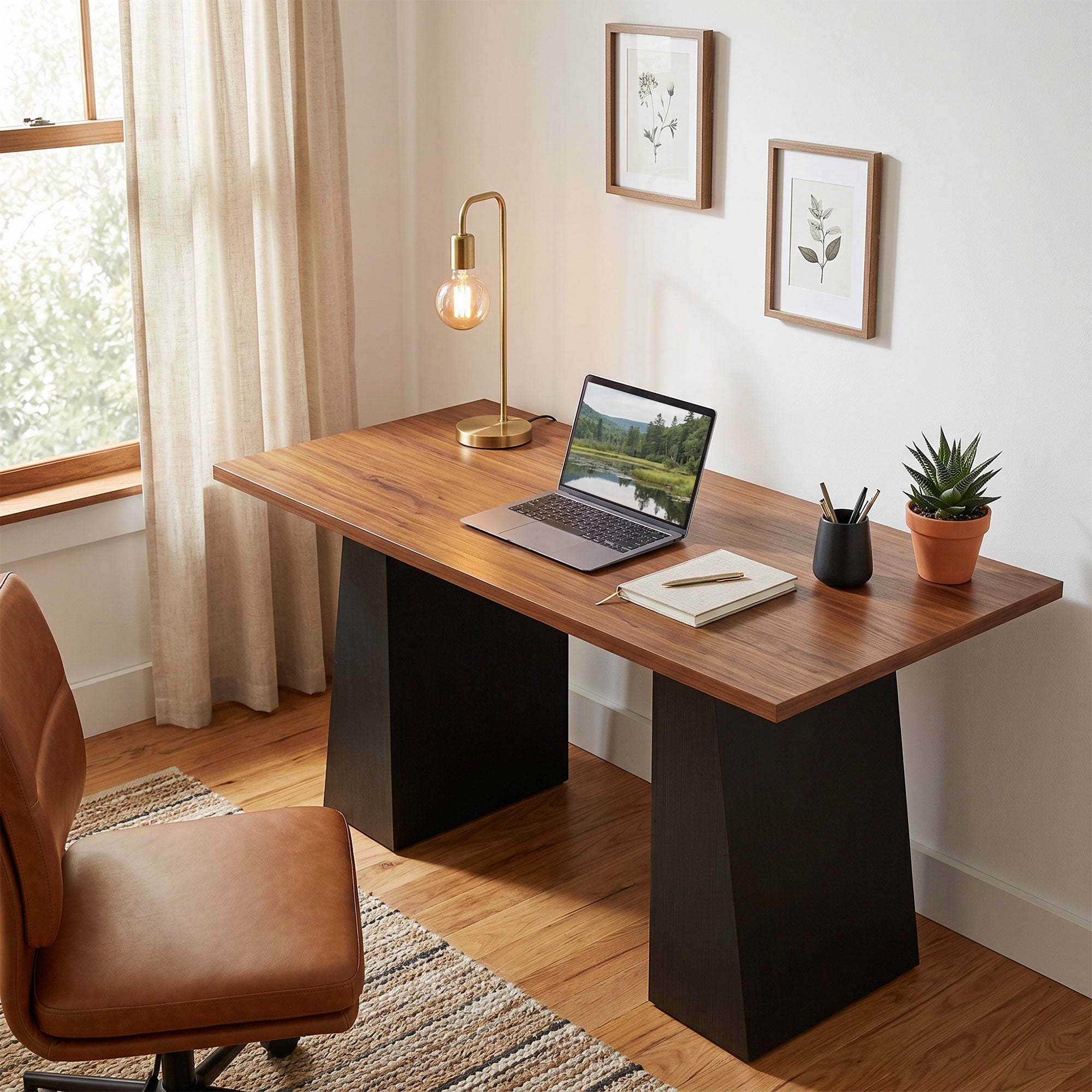 63 Inch Computer Desk with Trapezoidal Frame Light Walnut and Black