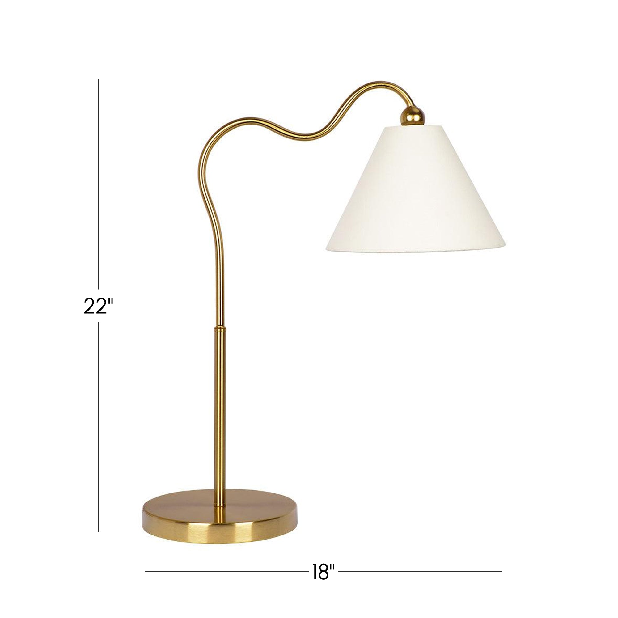 Ornate Brass Ring Base Curved Table Lamp with Triangle White Drum Shade, Modern Design, 18" L x 9.5" W x 22" H, Gold+White