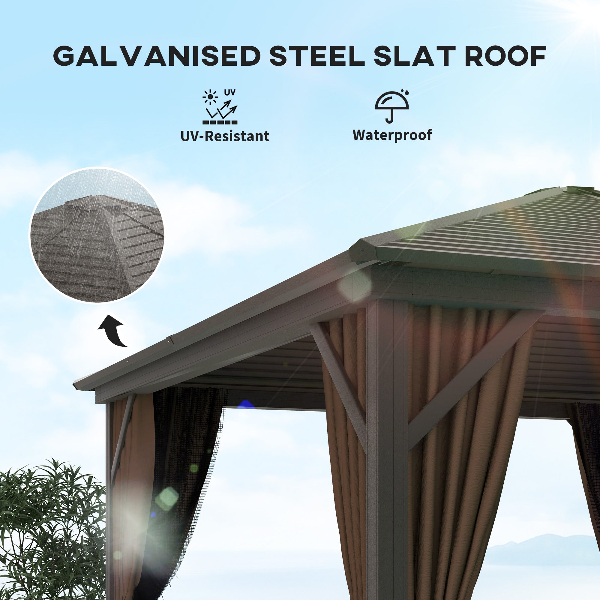 10' x 10' Hardtop Gazebo Canopy, Permanent Pavilion with Hook, Curtains, Aluminum Frame for Patio, Garden, Dark Brown
