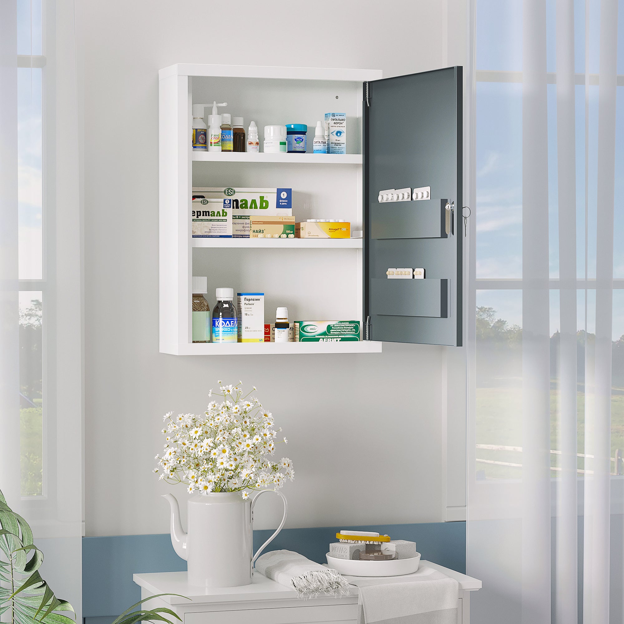 Bathroom Medicine Cabinet with Shelves Inside & On Door, Locking Medical Cabinet for Child & Pet Safety, First Aid Bathroom Wall Cabinet, White and Gray