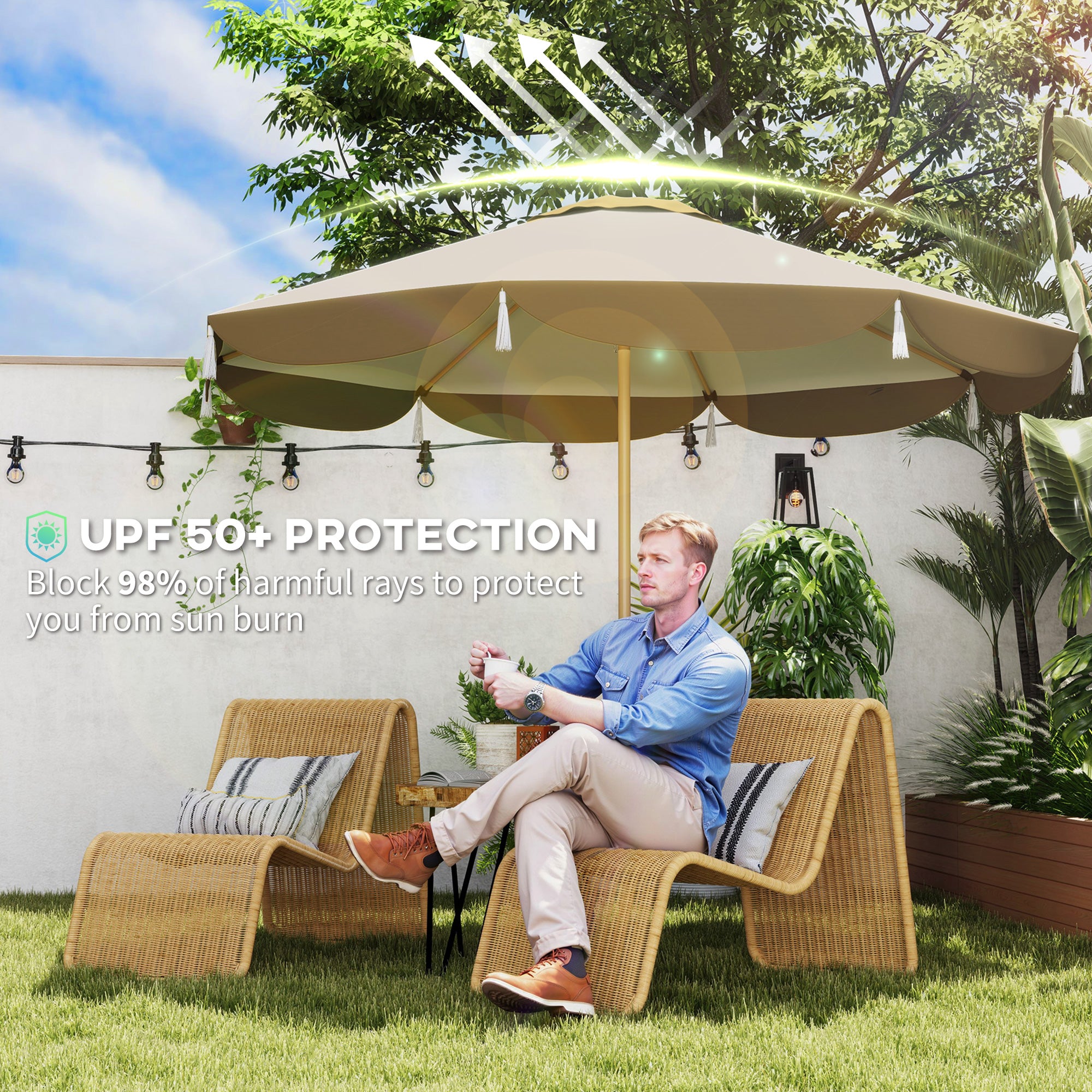 9FT Patio Umbrella, UPF 50+ Outdoor Market Umbrella with 8 Ribs, Vented Outdoor Table Umbrella for Deck, Backyard and Lawn, Cream White