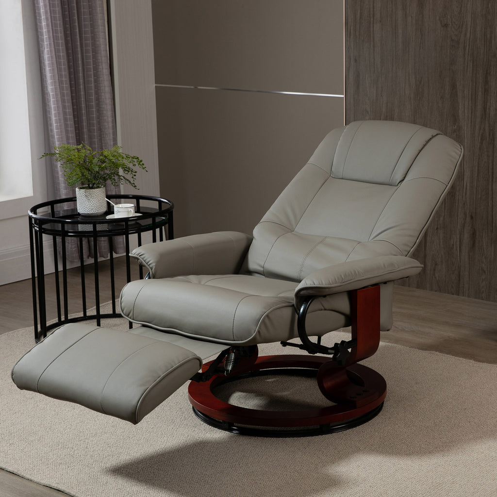 Faux Leather Manual Recliner, Adjustable Swivel Lounge Chair with Footrest, Armrest and Wrapped Wood Base for Living Room, Gray
