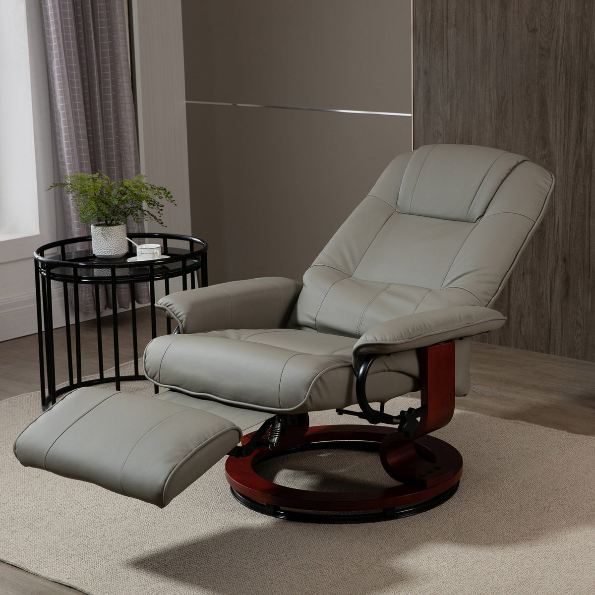 Faux Leather Manual Recliner, Adjustable Swivel Lounge Chair with Footrest, Armrest and Wrapped Wood Base for Living Room, Gray