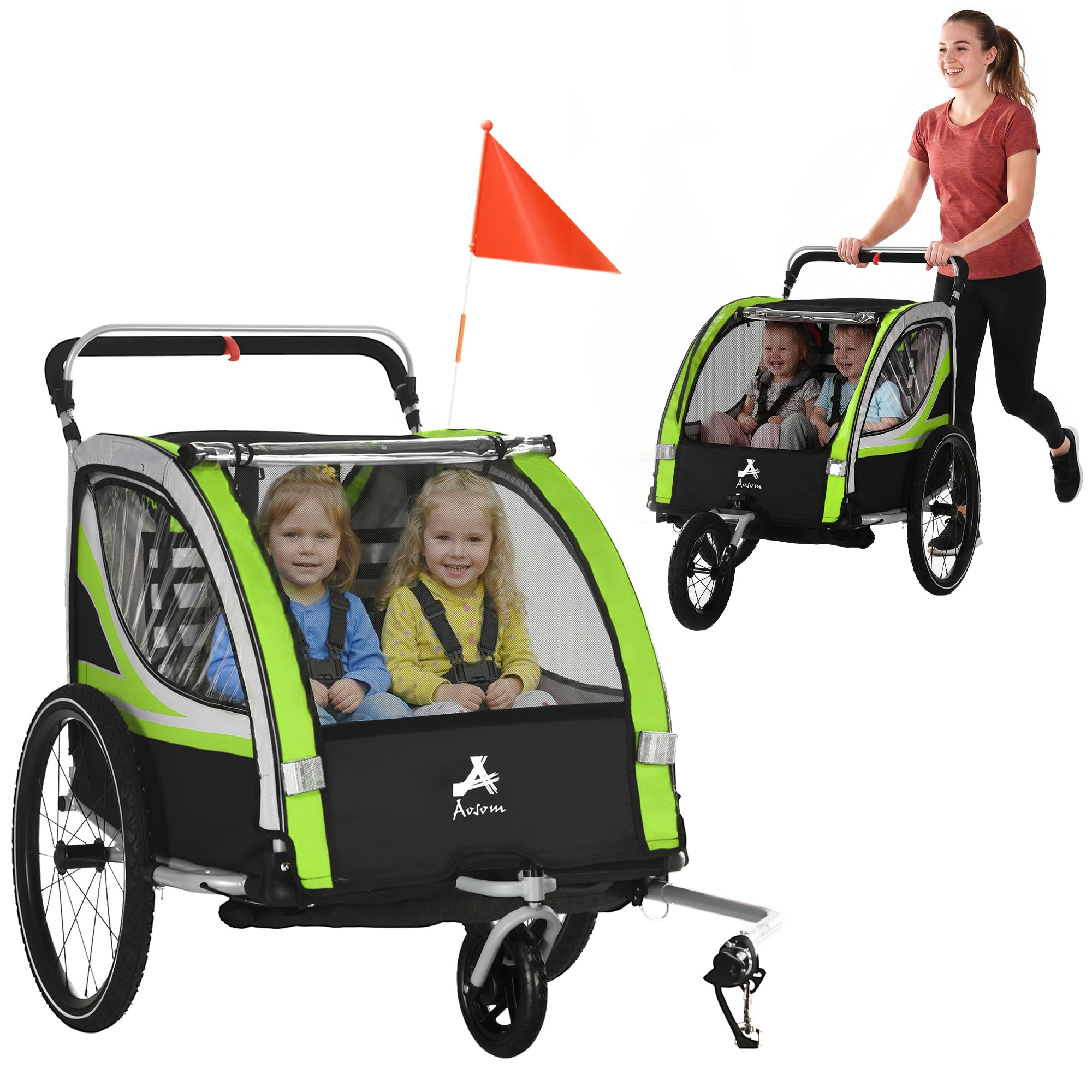 3-in-1 Bike Trailer for Kids, Running Stroller with 2 Seats, Jogging Cart with 5-Point Harness, Storage Units, Green