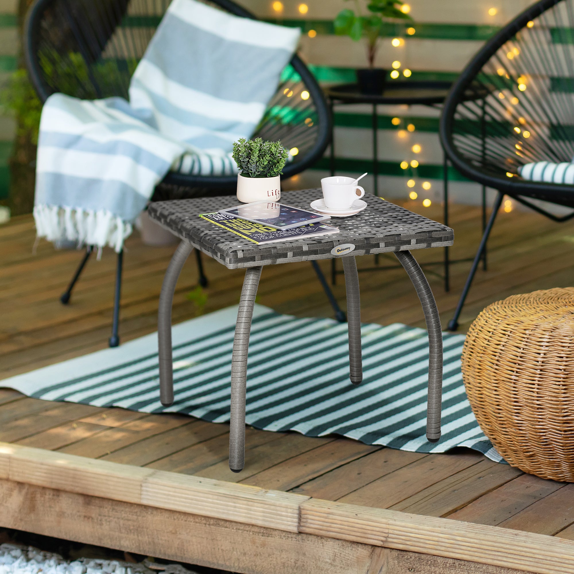 Outdoor PE Wicker Side Table, Small Square Rattan End Table, All-Weather Material Coffee Table for Garden, Balcony, Backyard, Grey