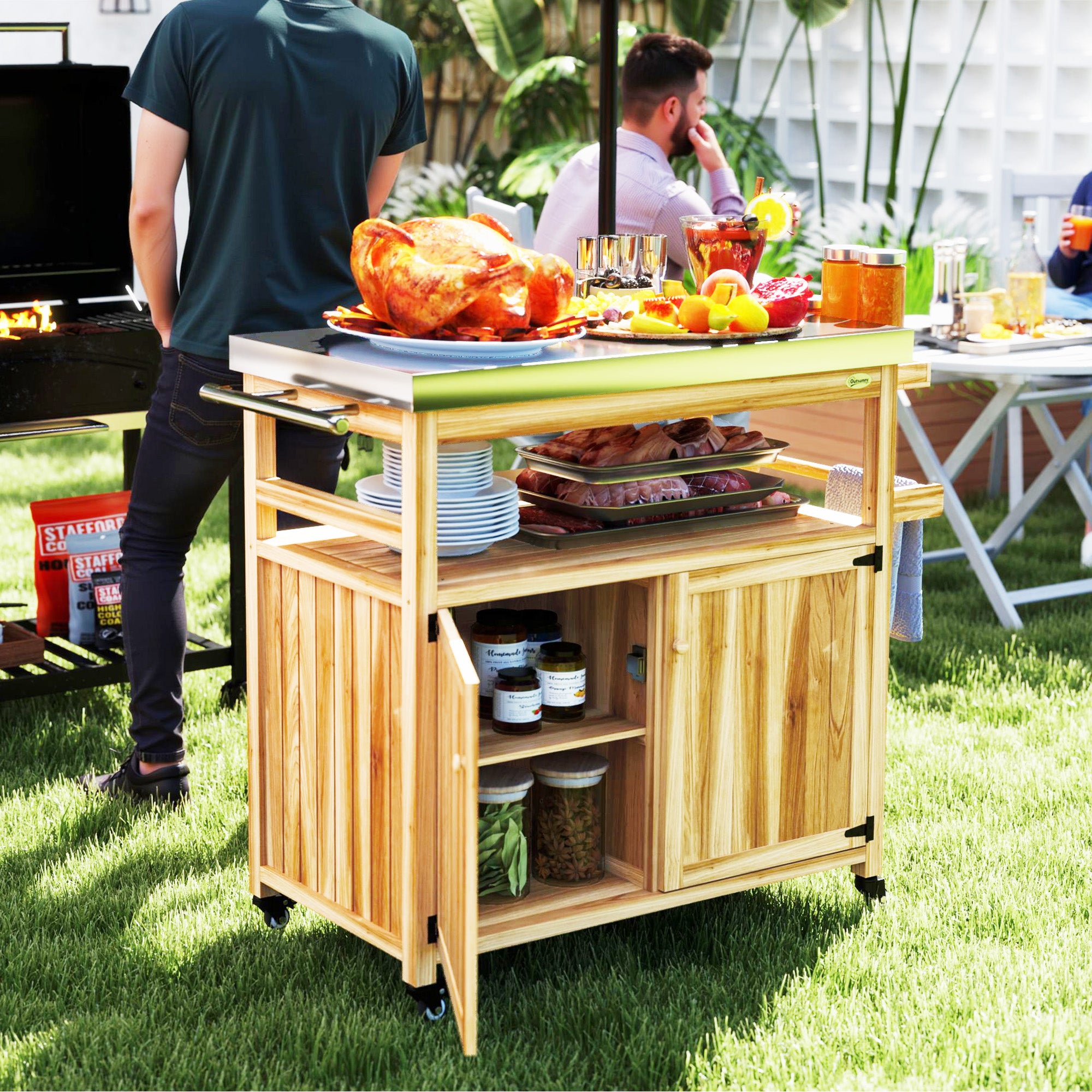 Outdoor Grill Cart w/ Stainless Steel Top, Solid Wood Outdoor Kitchen Island w/ Wheels, Storage Cabinets, Natural Wood
