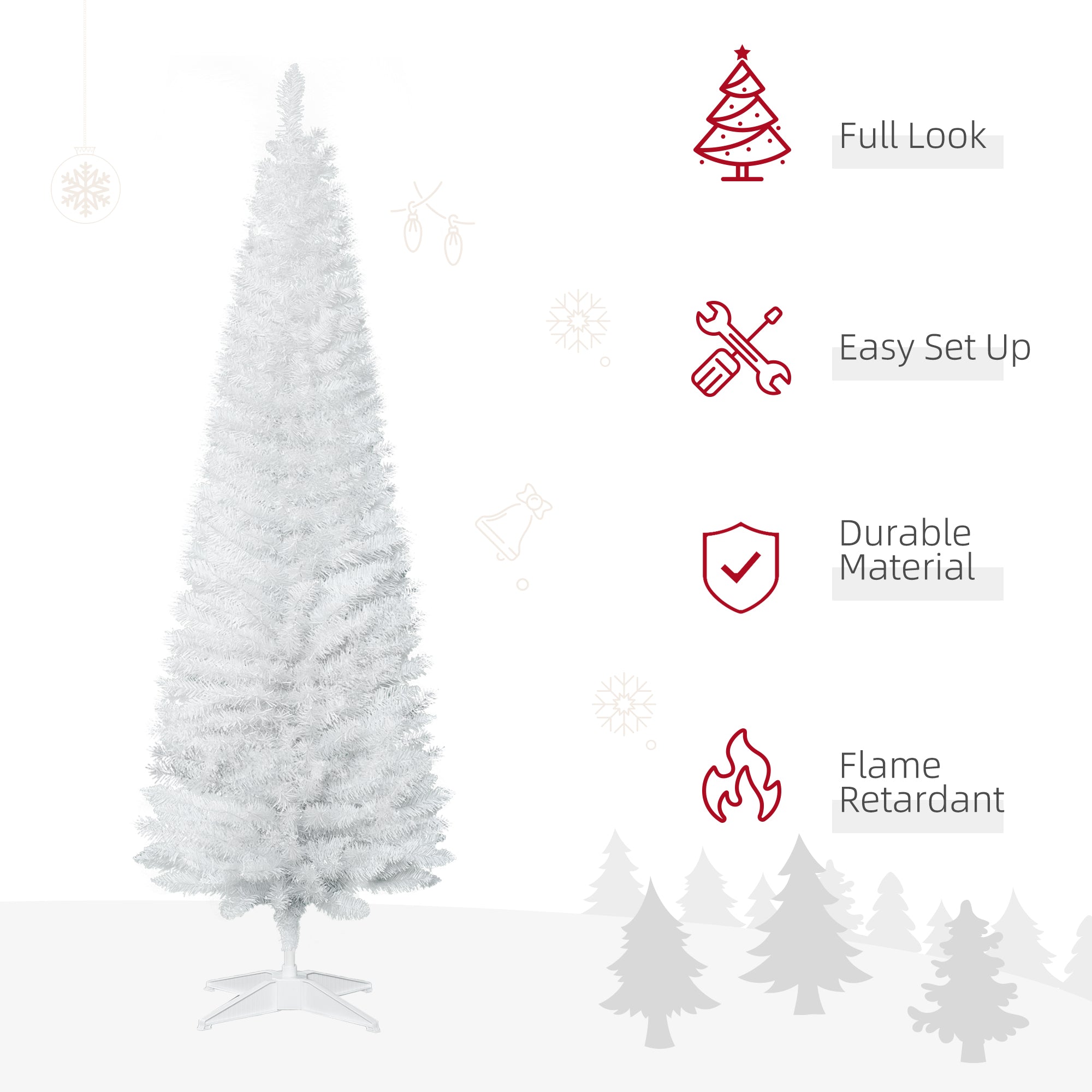 6ft Unlit Pencil Artificial Christmas Tree with Realistic Branches and 390 Tips, Plastic Base, White