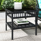 3 Piece Outdoor PE Rattan Rocker Chair Set, Rocking Chair with Tempered Glass Table Top, Turquoise Green