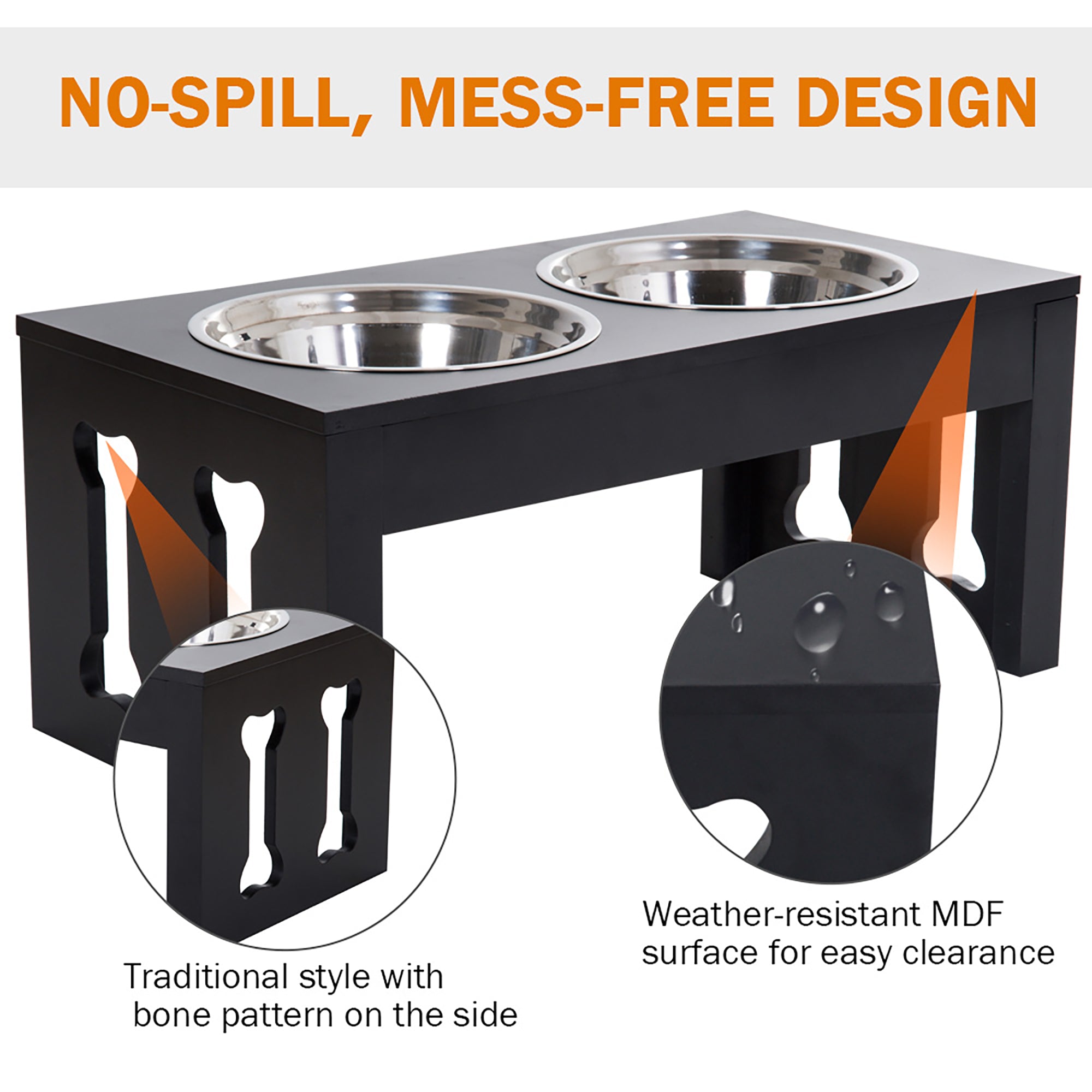 23" Modern Decorative Raised Dog Bowls, Wooden Heavy Duty Pet Food and Water Bowl, Elevated Feeding Station, Black