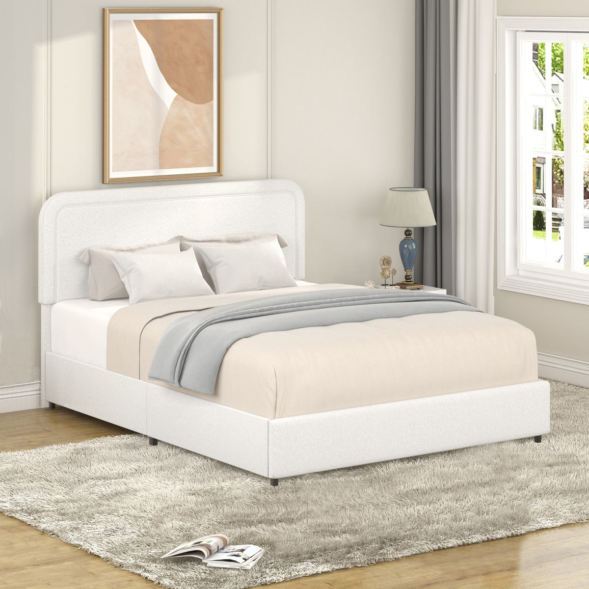 Liv Queen Size 2-Drawer Storage Bed Frame with Curved Tufted Headboard, Patented Boucle Upholstered Platform Bed, Wooden Slat Support, No Box Spring Needed, Ivory