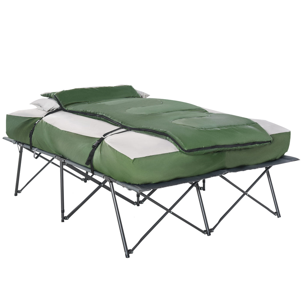 2-Person Folding Camping Cot Portable Outdoor Bed Set with Sleeping Bag, Inflatable Air Mattress, Comfort Pillows and Carry Bag, Soft and Comfortable for Outdoor Travel Camp Beach Vacation