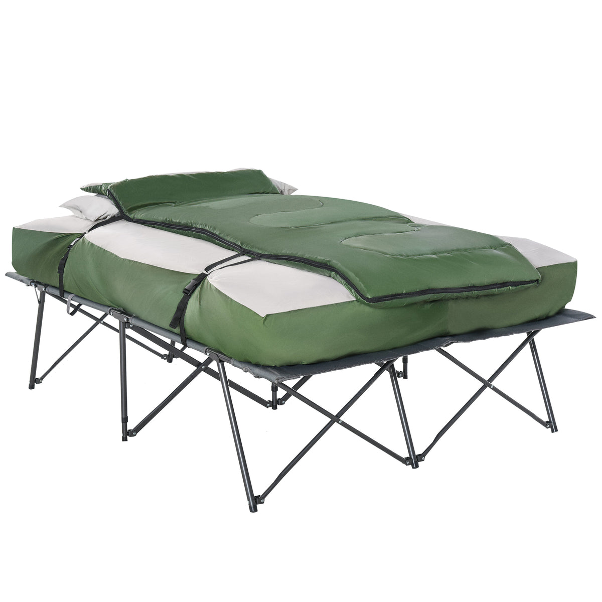 2-Person Folding Camping Cot Portable Outdoor Bed Set with Sleeping Bag, Inflatable Air Mattress, Comfort Pillows and Carry Bag, Soft and Comfortable for Outdoor Travel Camp Beach Vacation
