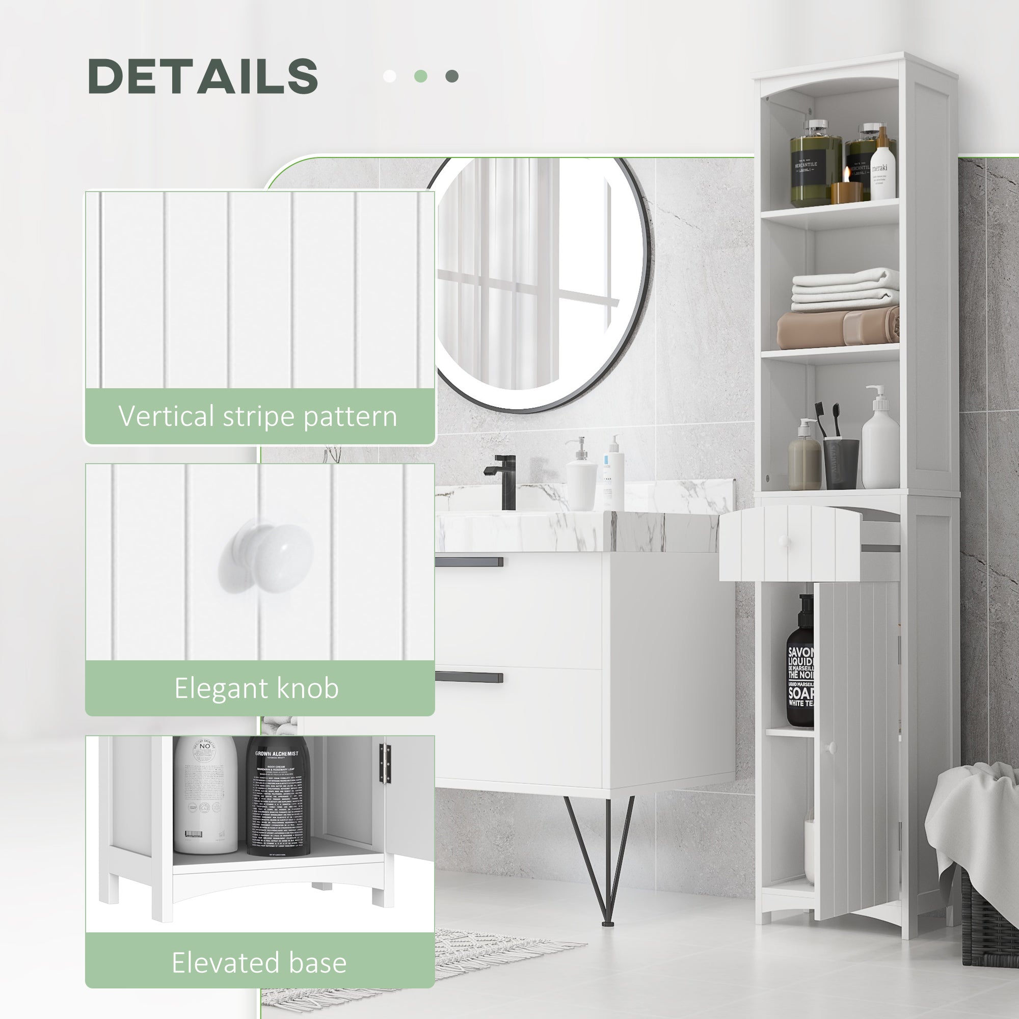 Bathroom Storage Cabinet, Free Standing Bathroom Storage Unit, Tall Linen Tower with 3-Tier Shelves and Drawer, White