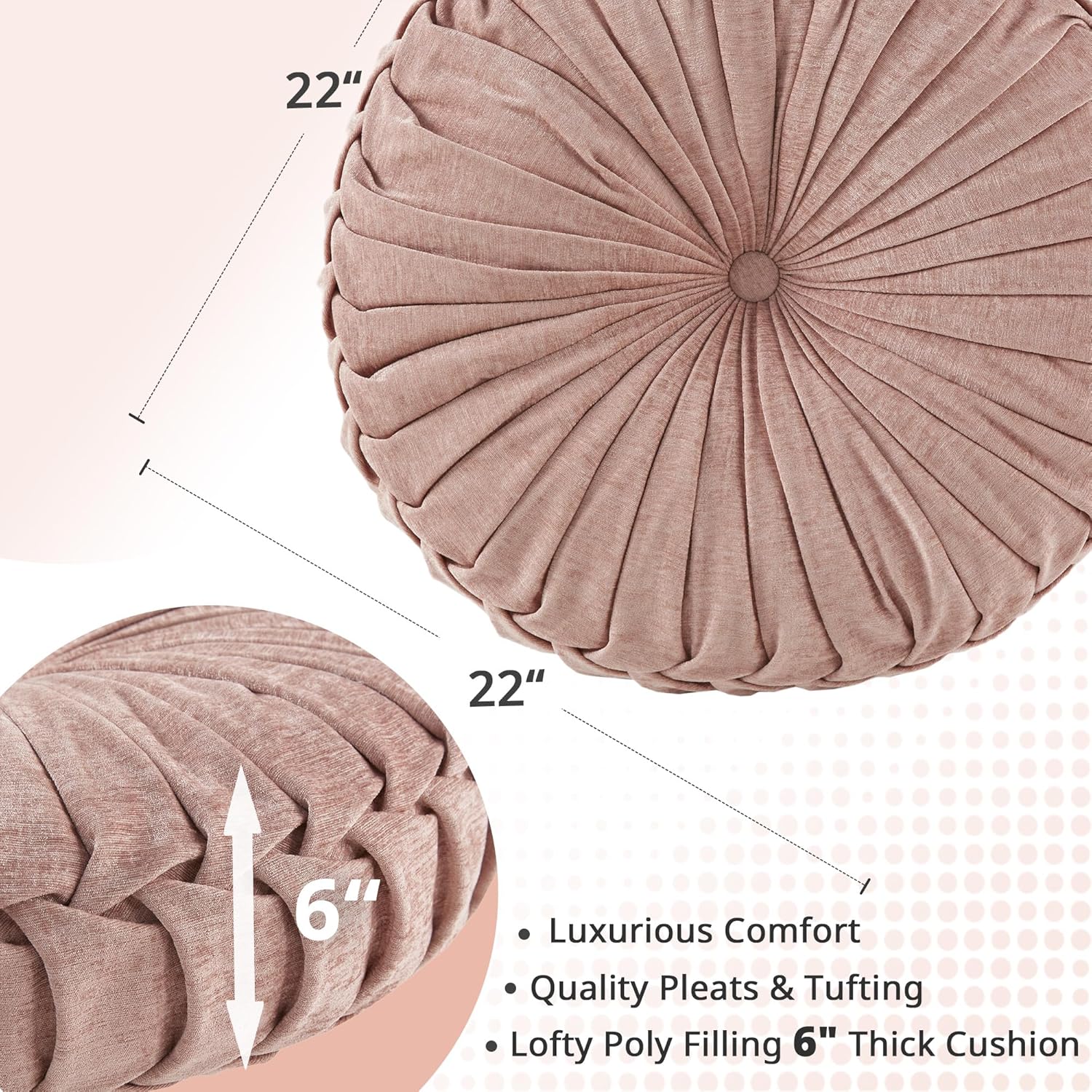 Poly Chenille Round Floor Pillow Cushion with Textured Fabric, Tufted Button Center, Pleated Detailing, 22" L x 22" W x 6" H, Blush
