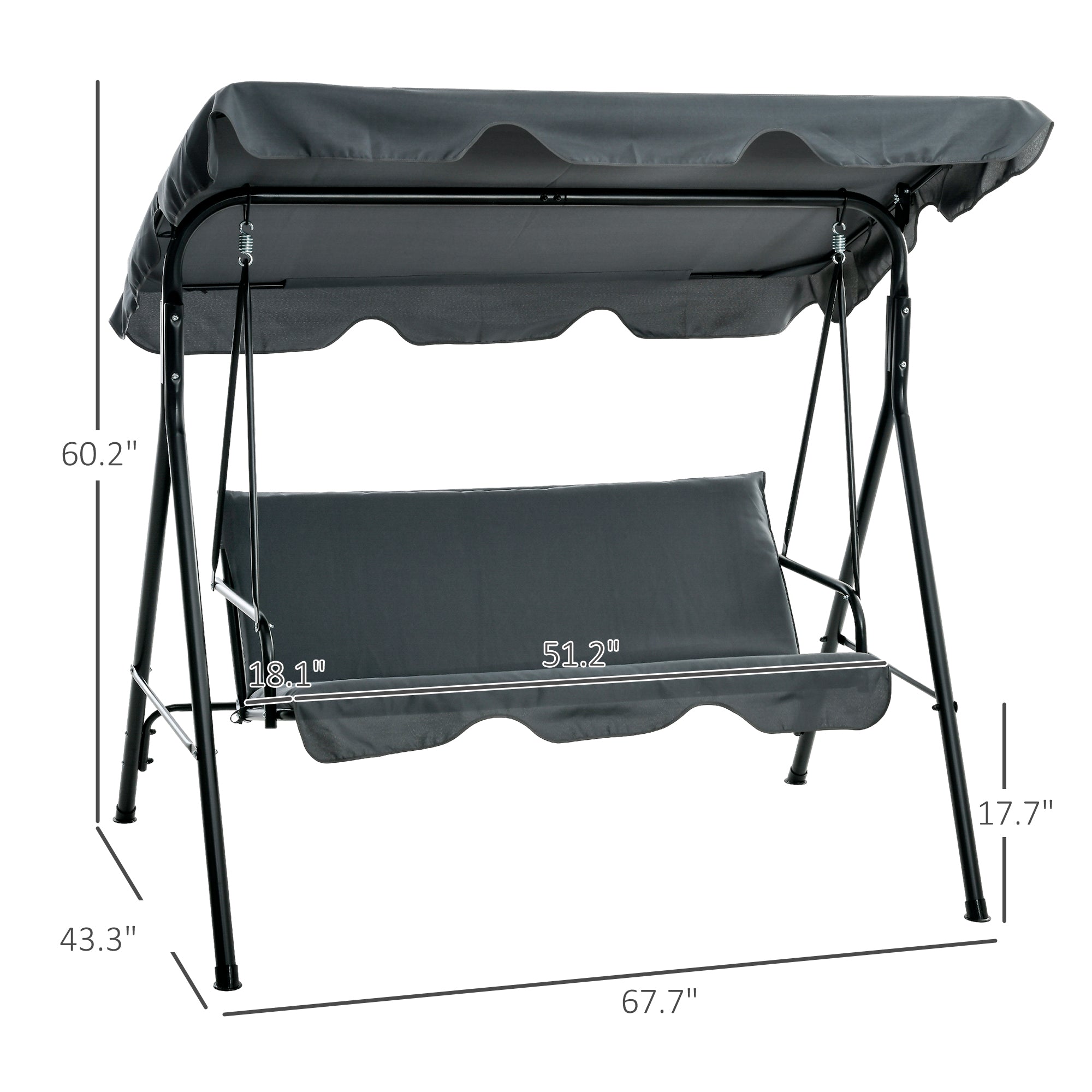 3-Seat Outdoor Patio Swing Chair w/ Cushion, Steel Frame Stand, Adjustable Tilt Canopy for Patio, Garden, Gray