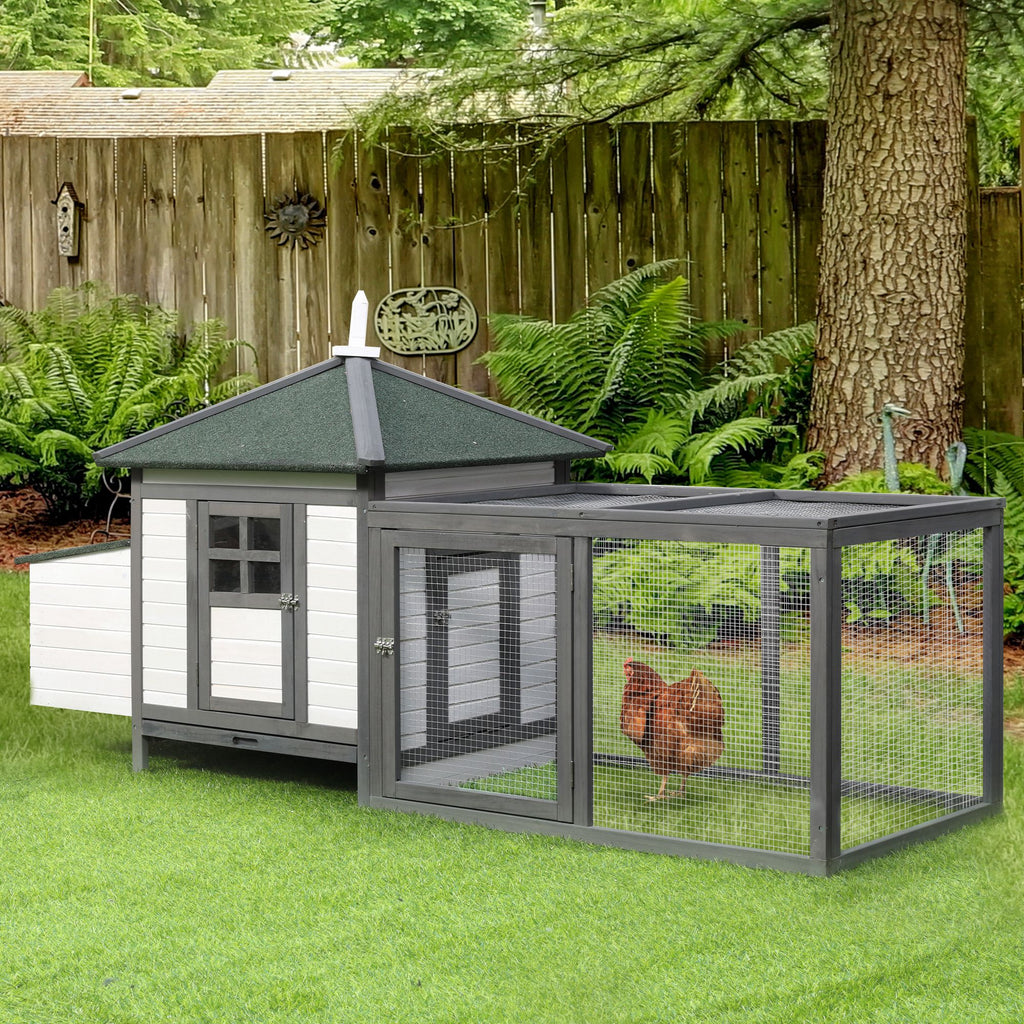 77" Wooden Chicken Coop with Nesting Box, Cute Outdoor Hen House with Removable Tray, Ramp Run, for Garden Backyard, Gray