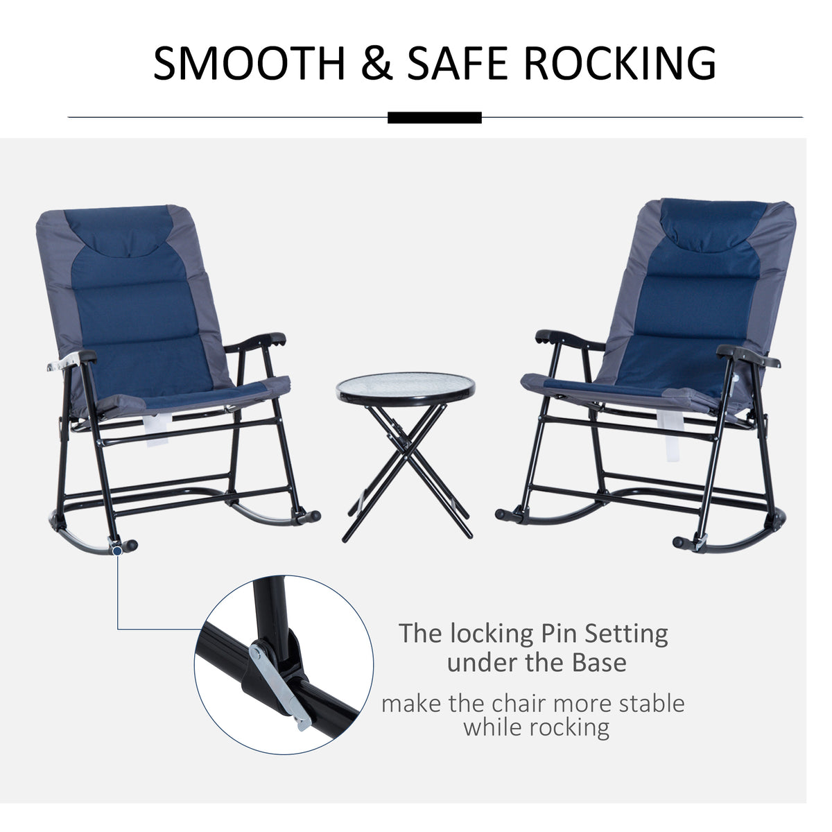 3 Piece Outdoor Folding Rocking Chair and Table Set - Blue and Gray