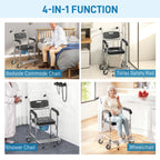 3-in-1 Shower Commode Wheelchair, Accessible Transport Commode Medical Rolling Chair, Black
