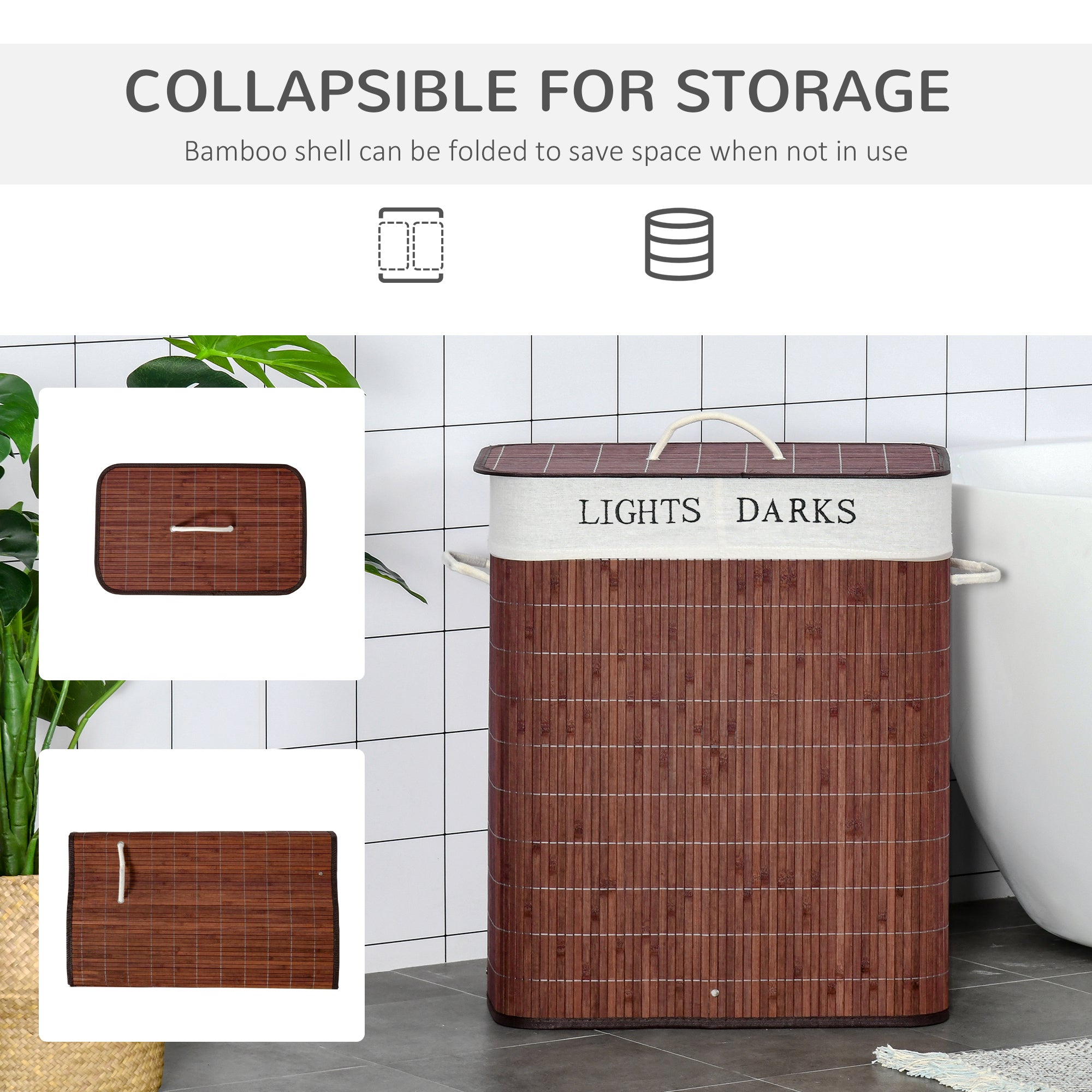 Bamboo Laundry Basket with Lid and String Handles, Collapsible Laundry Hamper with 2 Removable Bags, Brown