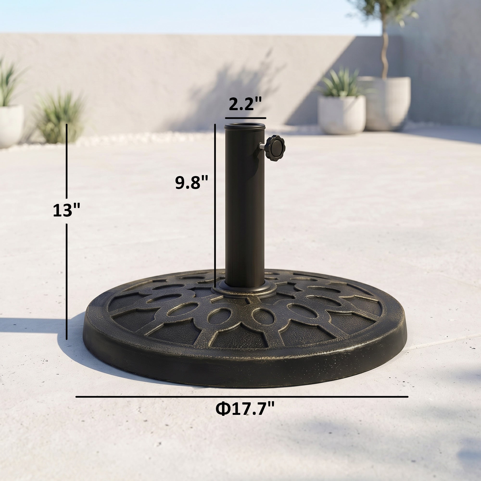 18" 26 lbs Round Resin Umbrella Base Stand Market Parasol Holder with Beautiful Decorative Pattern & Easy Setup, for Φ1.5", Φ1.89" Pole, for Lawn, Deck, Backyard, Garden, Bronze