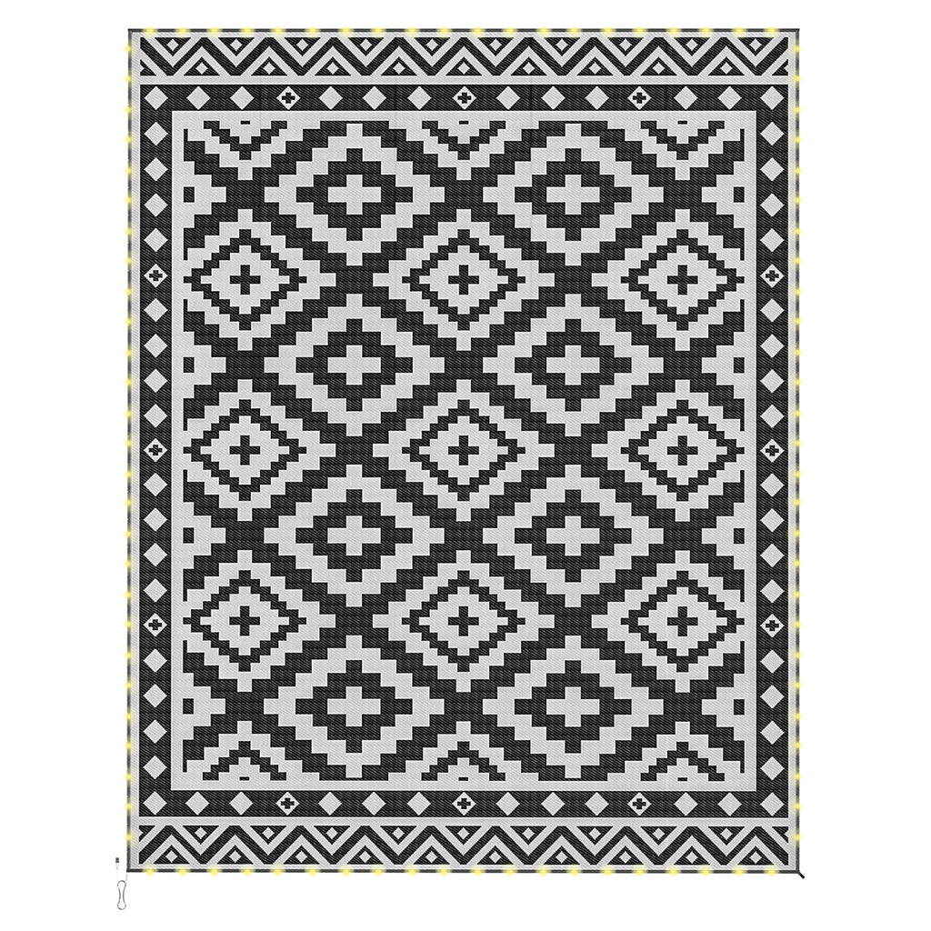 Outdoor Rug Carpet Reversible Plastic Straw Rug with LED Lights Black and White 10' x 8' for Patio