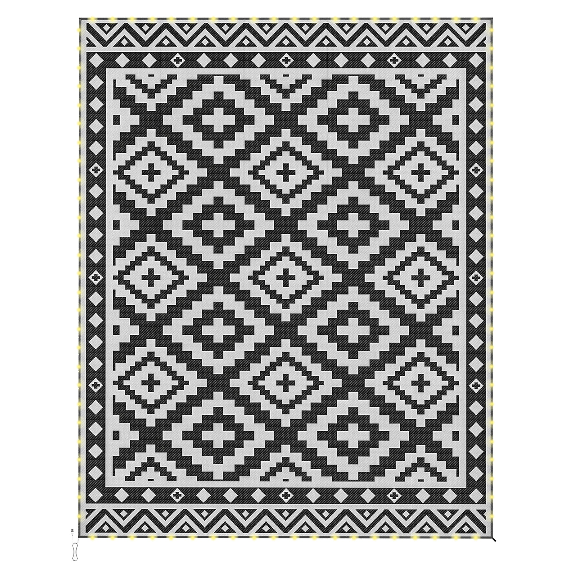 Outdoor Rug Carpet Reversible Plastic Straw Rug with LED Lights Black and White 10' x 8' for Patio