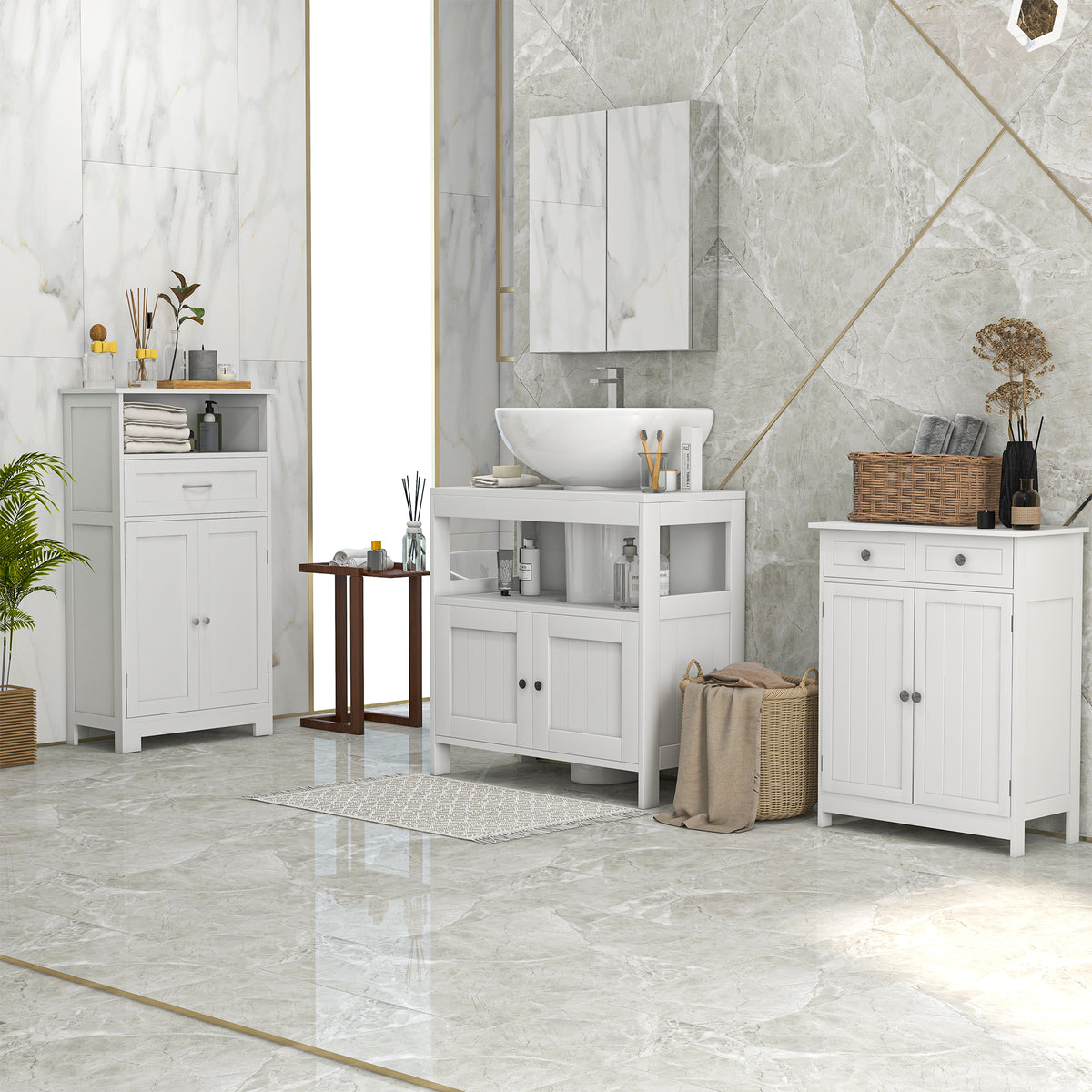Pedestal Sink Storage Cabinet, Bathroom Under Sink Cabinet with 2 Doors and Open Shelf, Bathroom Vanity, White